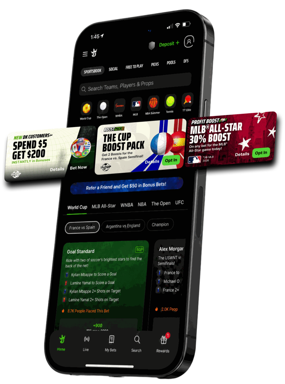 DraftKings Sports app shown on a smartphone